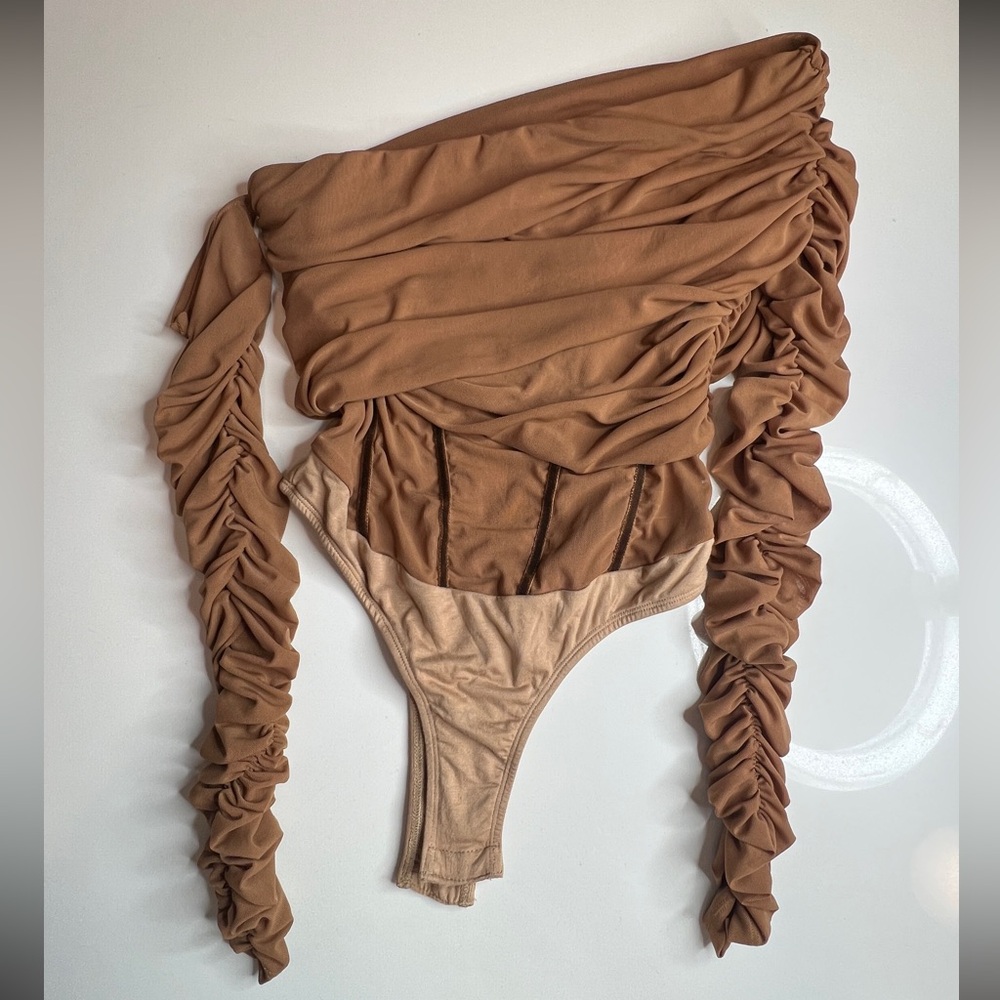 JLUXLABEL Camel Ruched Off-Shoulder Bodysuit